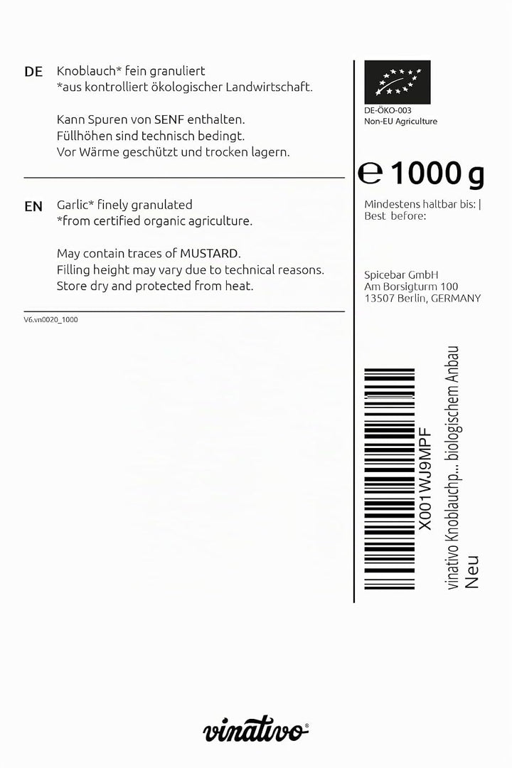 vinativo Knoblauchpulver BIO – fein granuliert – 1kg – Knoblauch gemahlen – Bio-Qualität – aus kontr