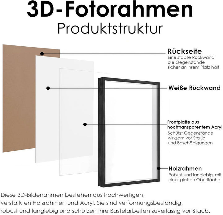 3D Bilderrahmen zum Befüllen, 41,5 x 31,5 x 4,5cm Schwarz Shadow Box, 3D Objektrahmen Tiefer 3cm für