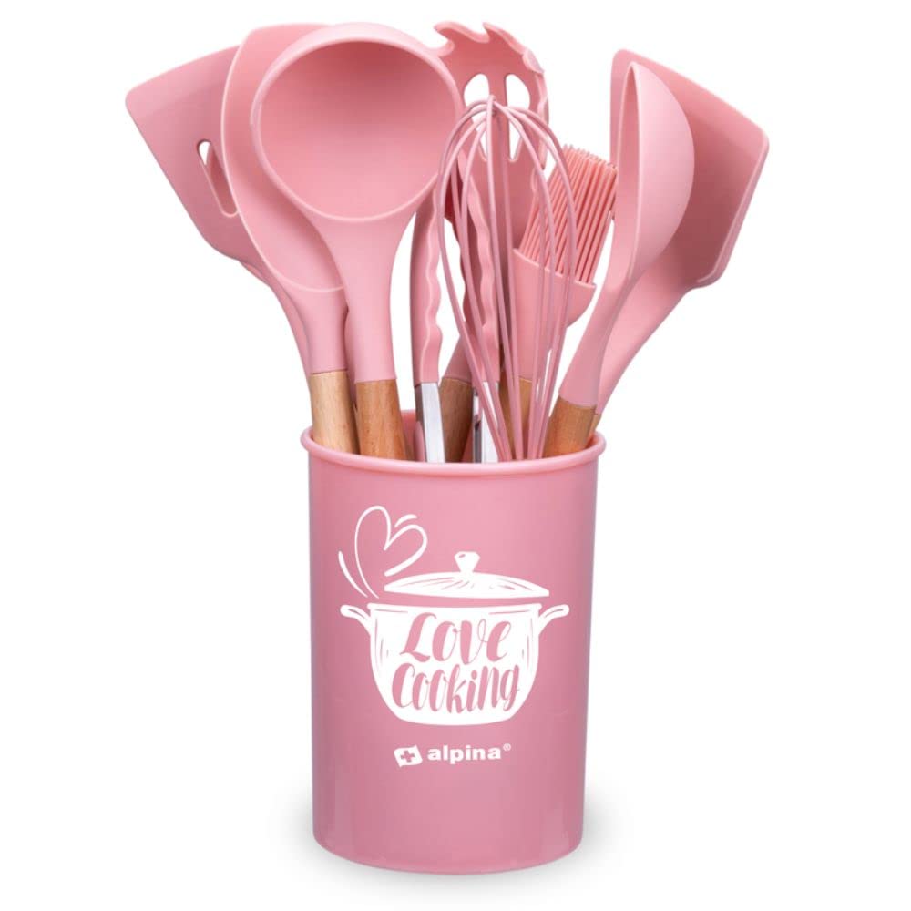 alpina Küchengeschirrset mit Halter – 12-teilig – Silikon-Utensilien mit Holzgriff – Pink Rosa, Rosa