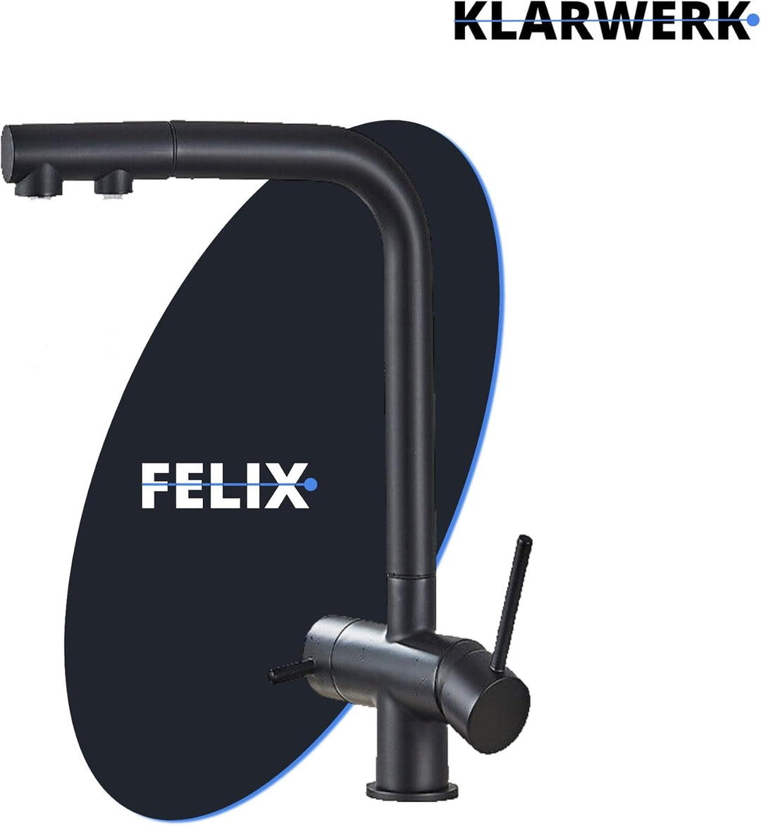 Felix | 3 Wege Premium Schwarz matt ausziehbare Armatur | Edelstahl Osmose Wasserhahn Küche |Mischba