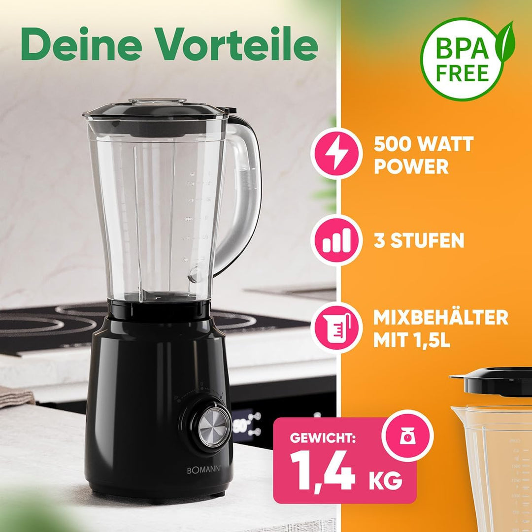 Bomann® Standmixer 500W | Mixer | BPA frei | 4-fach Edelstahl-Messer rostfrei | 1,5L Smoothie Maker