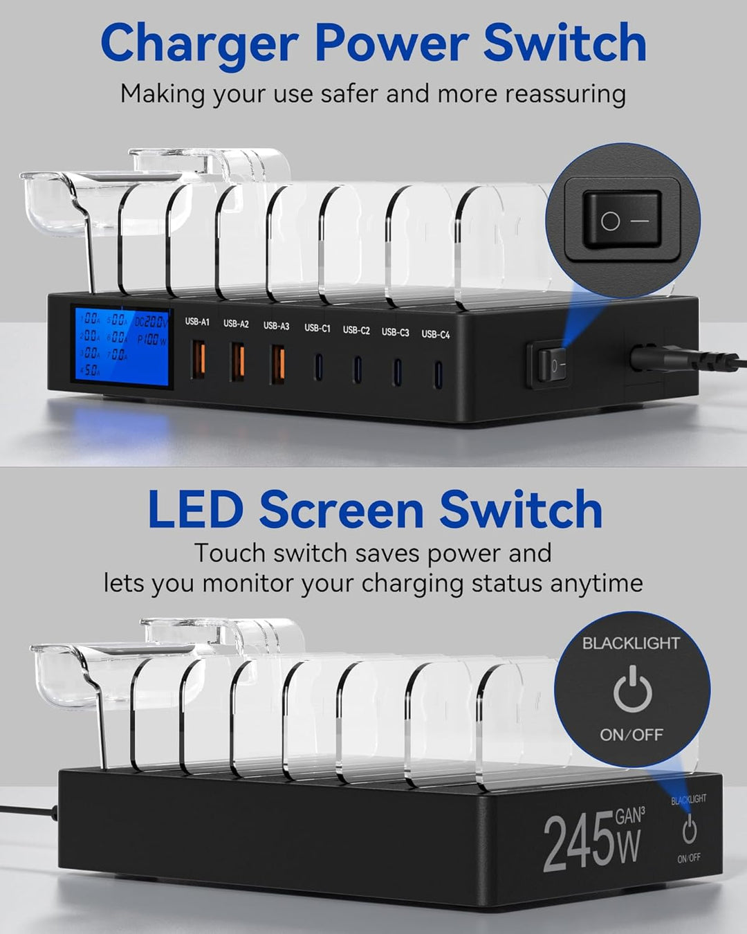 Ladestation Mehrere Geräte, 245W 7-Port-Handy Ladestation mit LCD-Anzeige, 100W PD USB C Schnelllade