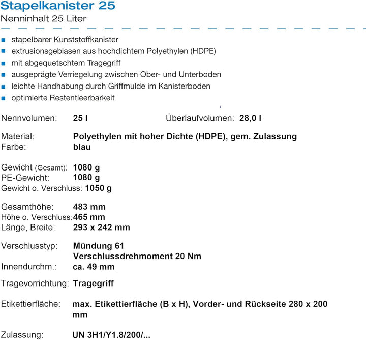 plasteo 25 Liter Getränke Wasserkanister mit 1 Hahn und Schraubdeckeln (DIN 61), Blau 3x 25L, 3x 25L