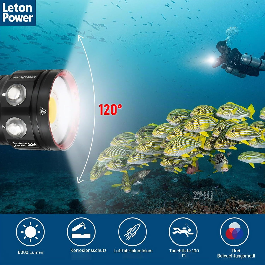 Tauchlampe,LetonPower L12 8000Lumens Taschenlampe tauchen,100m Unterwasser tauchlampe, Unterwasser v
