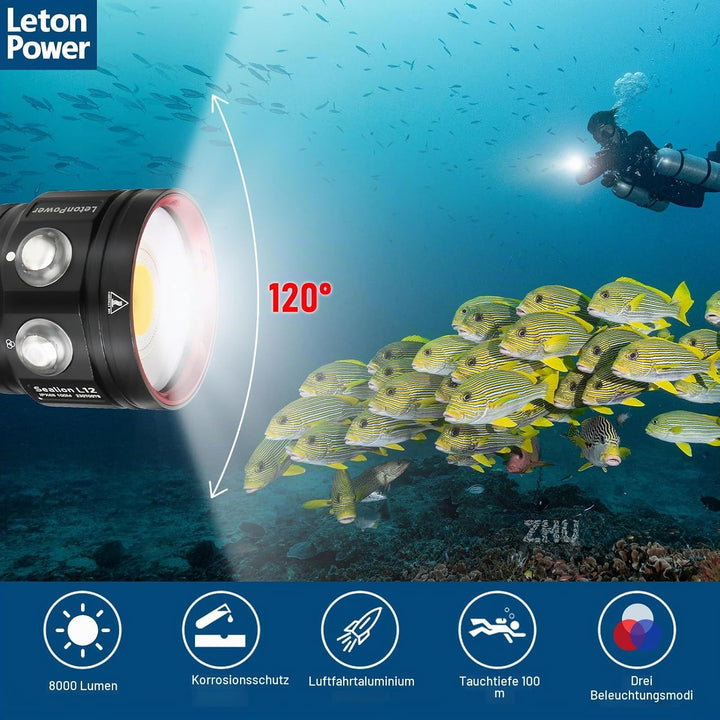 Tauchlampe,LetonPower L12 8000Lumens Taschenlampe tauchen,100m Unterwasser tauchlampe, Unterwasser v