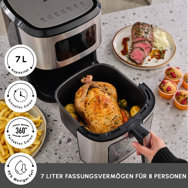 Karaca Multifry Inox XXL 7 Liter Airfryer mit digitalem Glasfenster, Heissluftfritteuse, 360-Grad-Lu