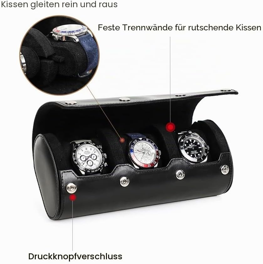 Hiram Uhren-Reiseetui für Herren, 3 Uhren, handgefertigt, echtes Leder, Aufbewahrungsbox, flexibles
