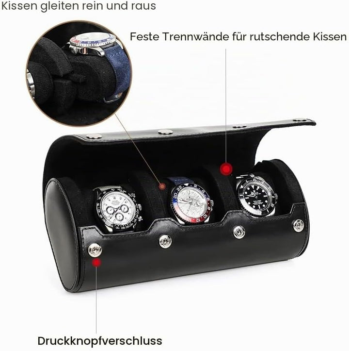 Hiram Uhren-Reiseetui für Herren, 3 Uhren, handgefertigt, echtes Leder, Aufbewahrungsbox, flexibles