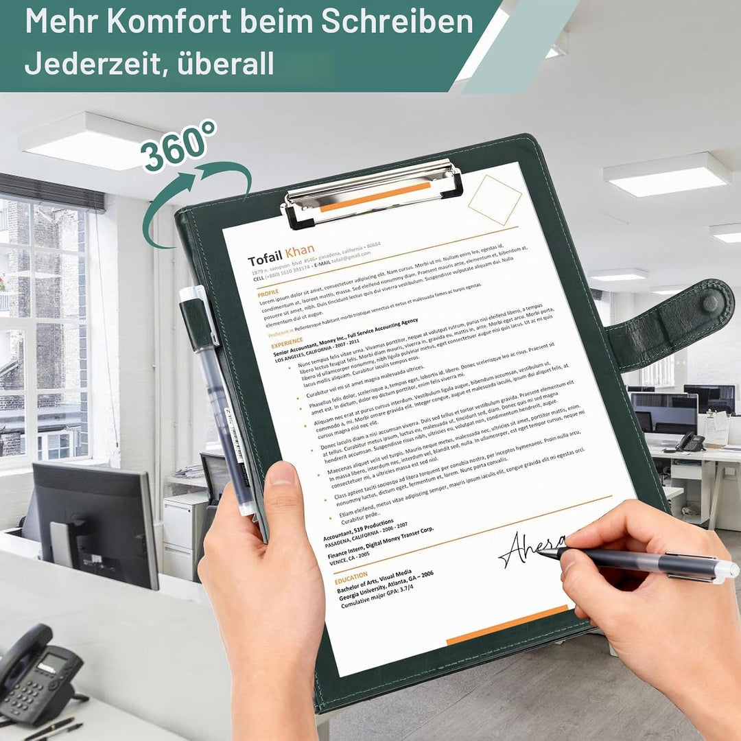 Schreibmappe A4,PU-Leder Konferenzmappe mit Deckel,Klemmbrett A4,Arbeitsmappe mit Dokumentenfächern