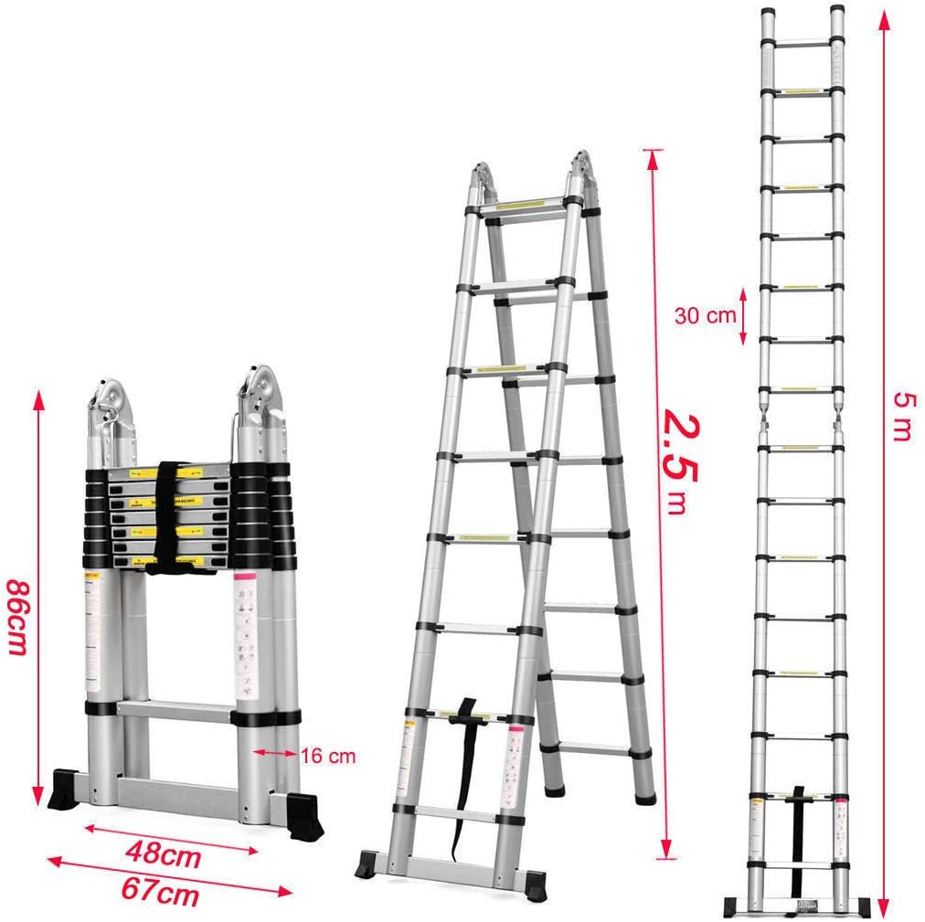 5m (2,5+2,5) Aluminium Mehrzweckleiter Teleskopleiter Ausziehbar Leiter Klappleiter Anti-Rutsch Stuf
