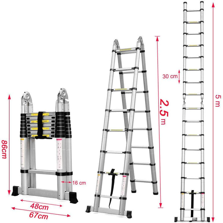 5m (2,5+2,5) Aluminium Mehrzweckleiter Teleskopleiter Ausziehbar Leiter Klappleiter Anti-Rutsch Stuf