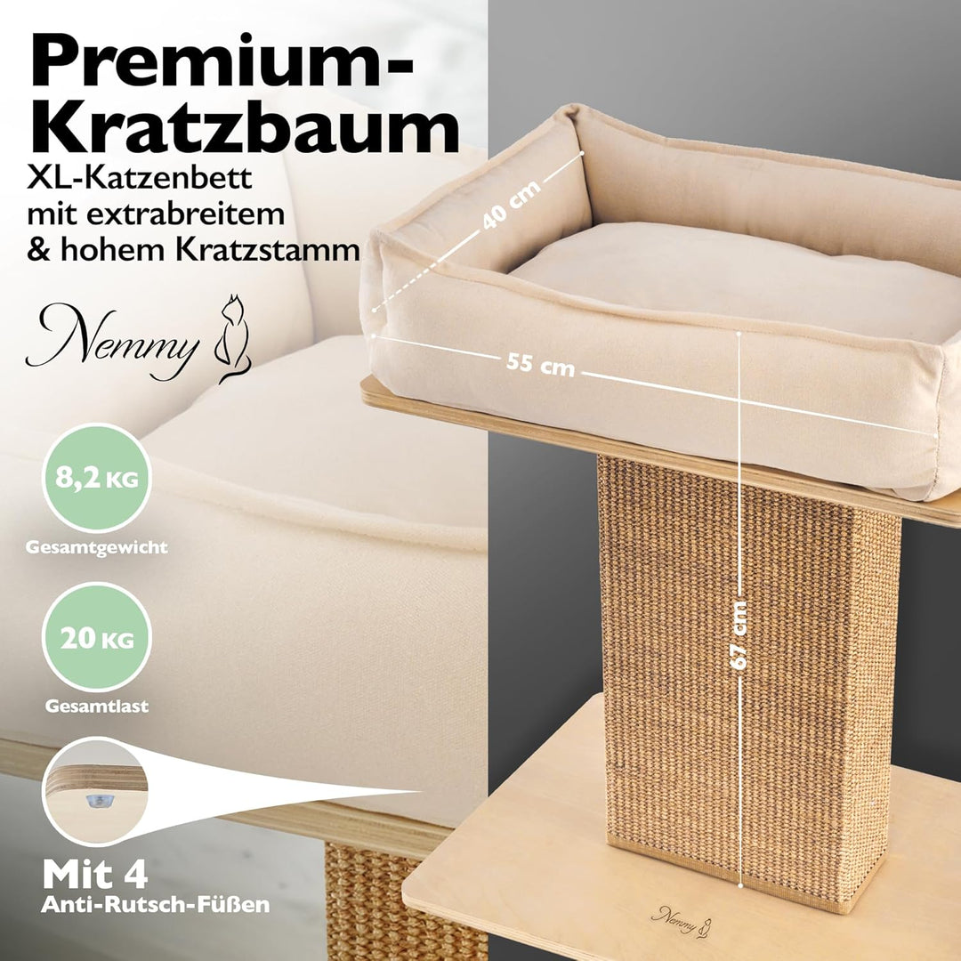 Nemmy Premium Kratzbaum klein beige | Stabiler Kratzstamm extra breit | Katzenbett mit Kissen | Katz