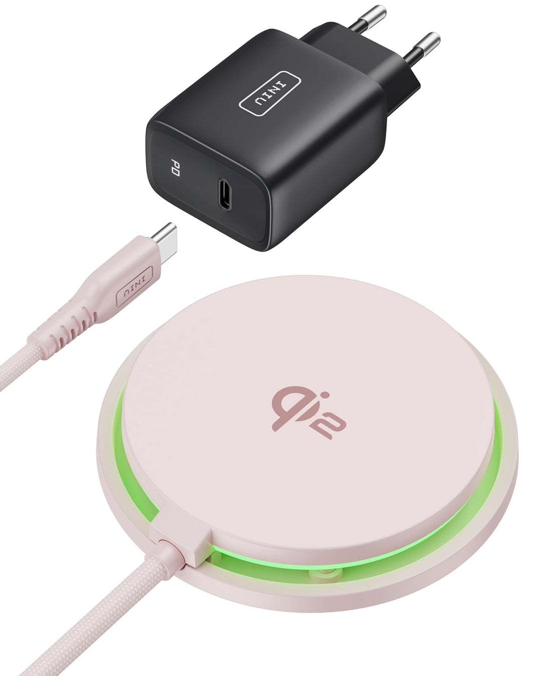 INIU Kompatibel mit Mag-Safe Ladegerät Rosa, 15W Qi2-zertifiziert iPhone Ladestation mit 23-Fin Lüft