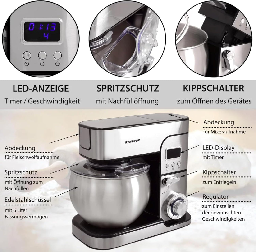 Syntrox Küchengerät Kagus Edelstahl 6 Liter Küchenmaschine & Fleischwolf, Knethaken, Schneebesen, LE