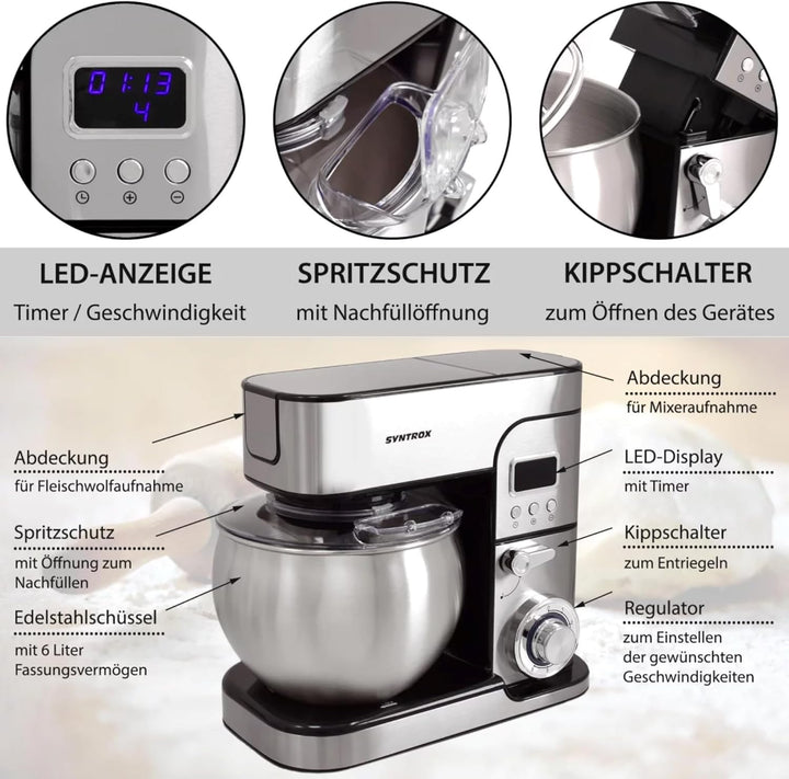 Syntrox Küchengerät Kagus Edelstahl 6 Liter Küchenmaschine & Fleischwolf, Knethaken, Schneebesen, LE