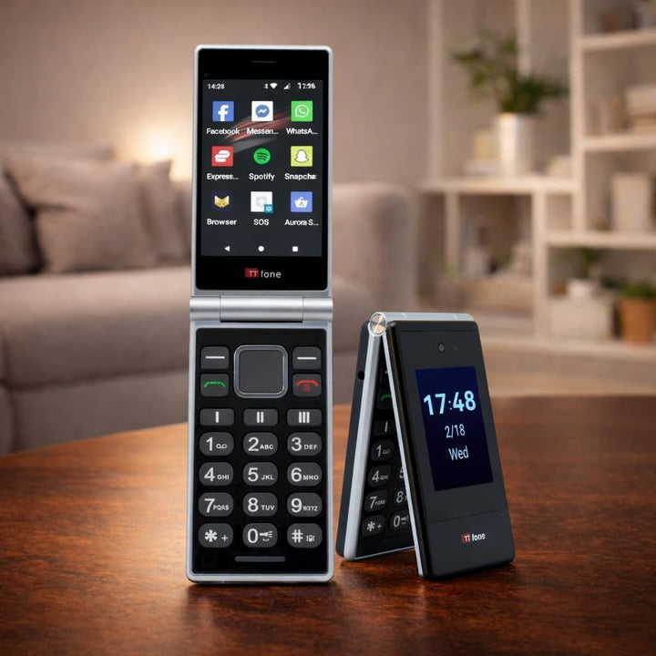 TTfone TT990 4G Flip Phone mit Android 14 (De-Googled), WhatsApp, 3,5 Zoll Touchscreen, SOS-Taste, g