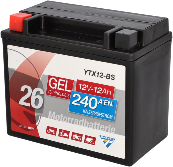 CARTEC Motorradbatterie YTX12-BS, 10Ah, 180A, Gel Technologie Motorrad-Starter-Batterie, Erstausrüst