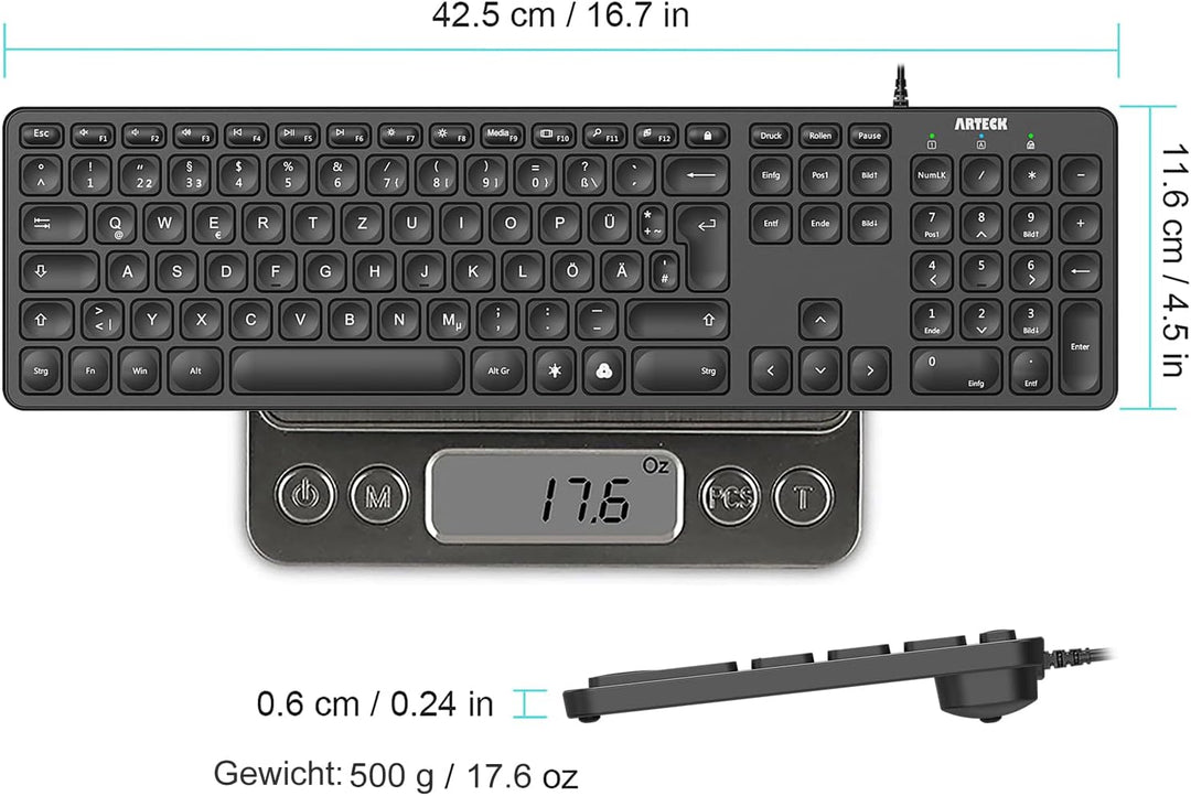 Arteck USB Kabelgebundene Tastatur Hintergrundbeleuchtung 7 Farben & Einstellbare Helligkeit Full Si