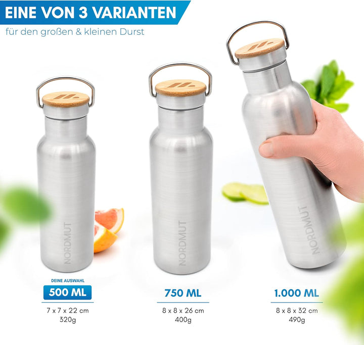 NORDMUT® Edelstahl Trinkflasche isoliert + Teesieb | Thermosflasche spülmaschinengeeignet | Isolierf