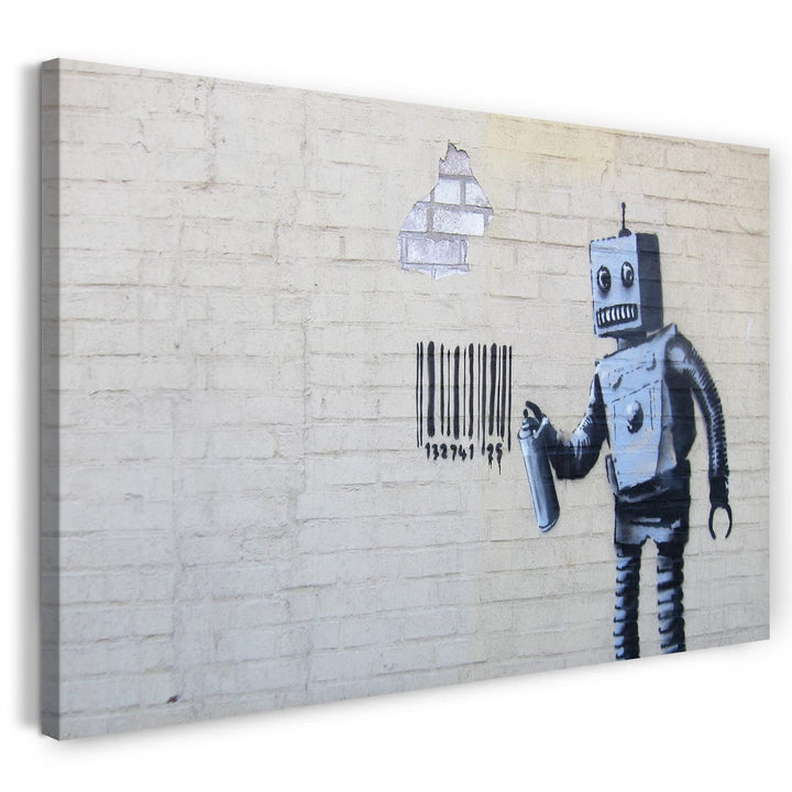 Printed Paintings Leinwand (100x70cm): Banksy - Roboter Robot sprüht Bar-Code auf Wand Graffiti-W 10