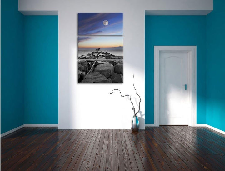Pixxprint Steinmauer am Meer bei schönem Abendhimmel 3-Teiler Leinwandbild 120x80 Bild auf Leinwand