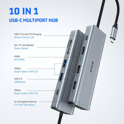 10 in 1 Dual Monitor AYCLIF USB C Hub, USB C -Dockingstation, Laptop USB C -Adapter (Gigabit Etherne