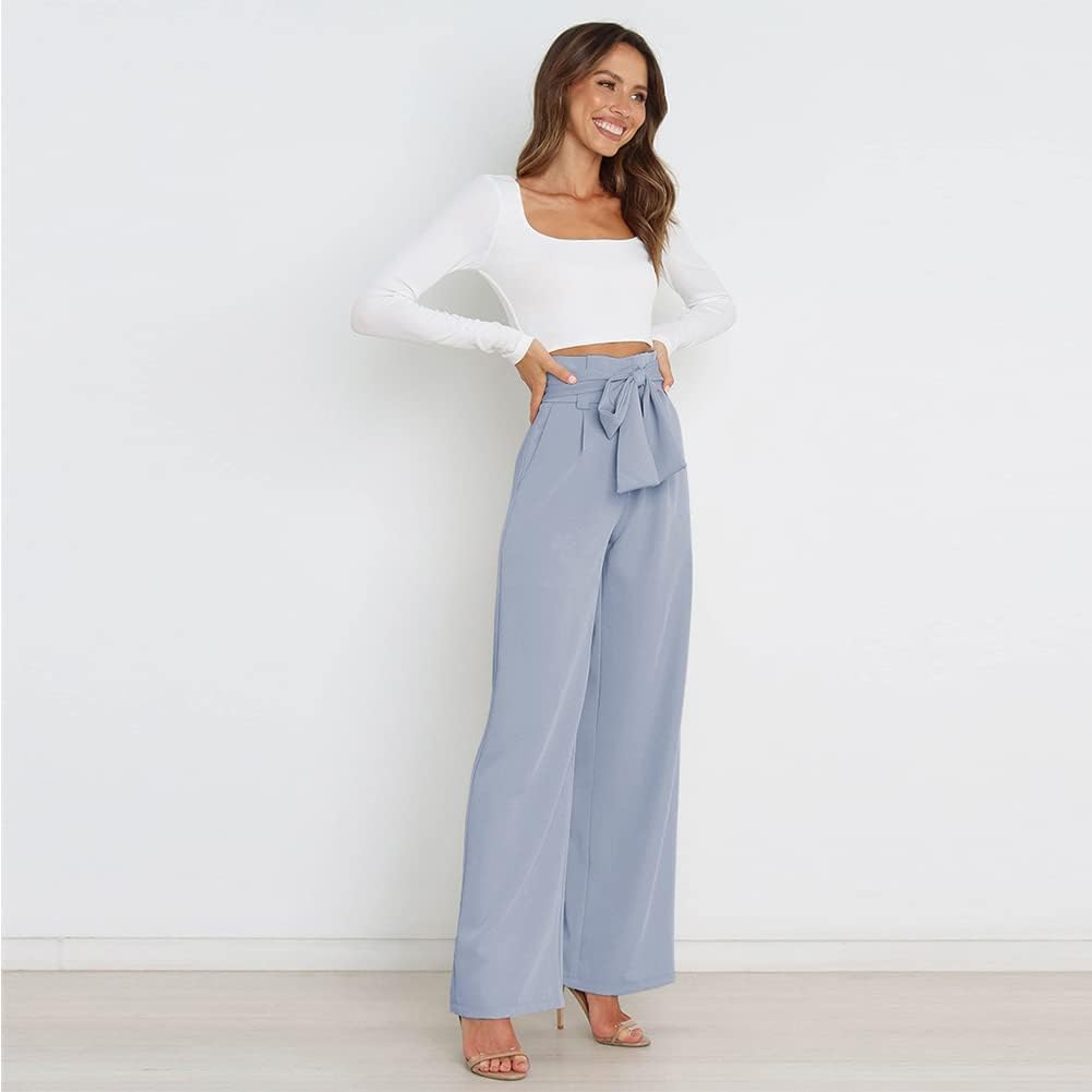 Odizli Damen Elegant High Waist Lang Weite Hose Sommer Business Festlich Anzughose mit Gürtel L Blau