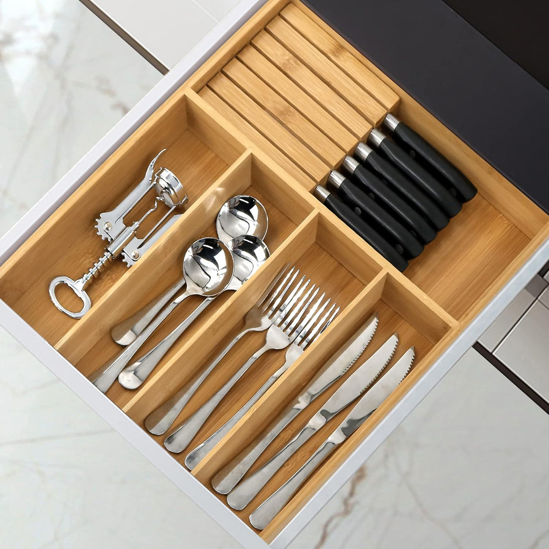 VaeFae Bambus-Besteck-Organizer, Utensilienhalter für Schublade, Holzbesteckablage mit Trennwand für