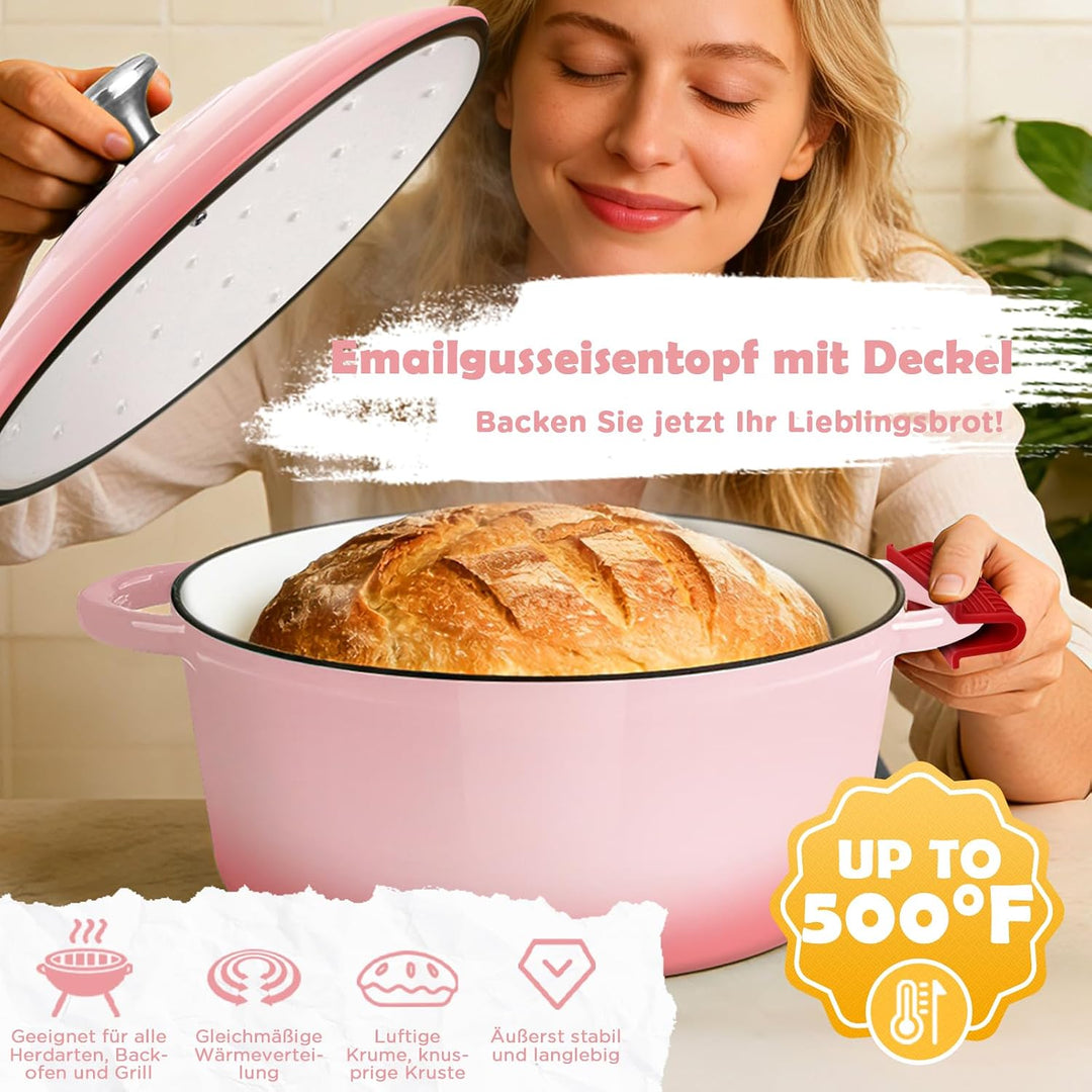 NZQXJXZ 26cm Gusseisen Topf Brot Backen 4,7L, Emaille Brotbackform mit Deckel &amp; Garkorb Komplettset,