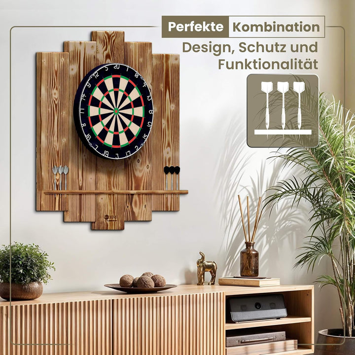 Wooden Dartboard Surround | Premium Dart-Wandschutz & Tablet-Halter (Optional) | Geflammter Burned L
