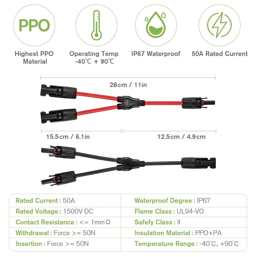 URAQT Solarkabel Y Verteiler, 1 Paar 4 mm² Solarkabel Y Solar Cable Wasserdicht Y Splitter 12AWG Plu