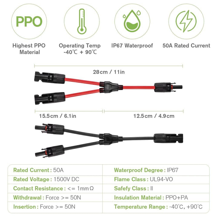 URAQT Solarkabel Y Verteiler, 1 Paar 4 mm² Solarkabel Y Solar Cable Wasserdicht Y Splitter 12AWG Plu