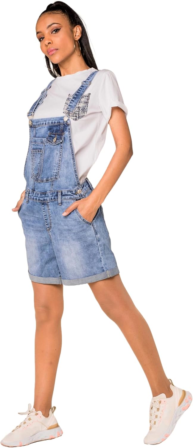 Nina Carter S511 Damen Jeans Latzshorts – Kurze Latzhose aus Denim mit Brusttaschen & Knöpfen – Somm
