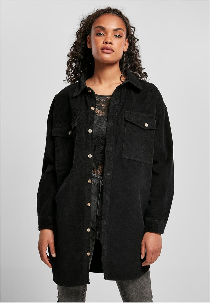 Urban Classics Damen Overshirt-Jacke lange Kord Hemdjacke mit zwei Brusttaschen & Jackentaschen, Grö