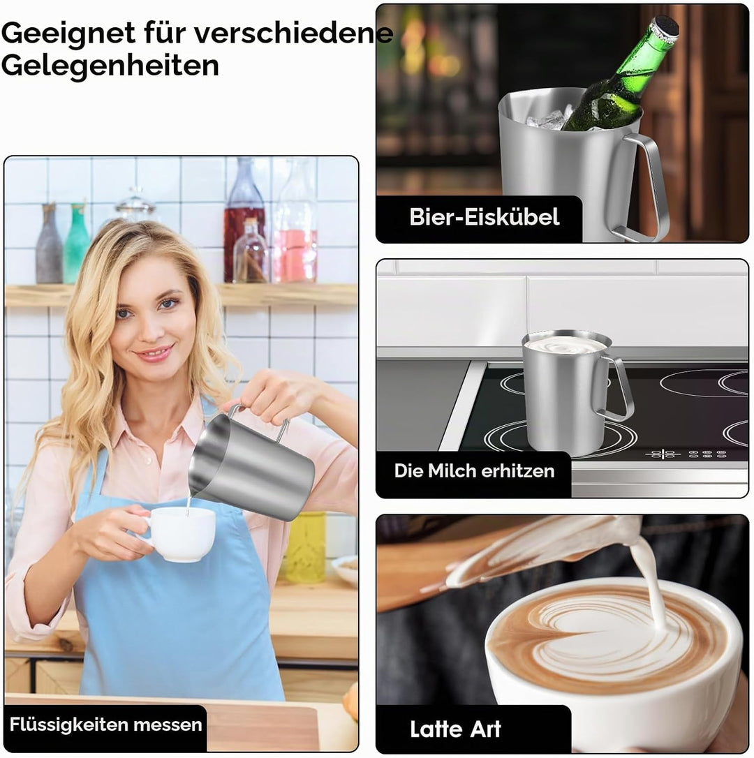 1000ml Milchkännchen mit Feiner Graduierung Deckel Messbecher Edelstahl Milk Pitcher Milchkanne Edel