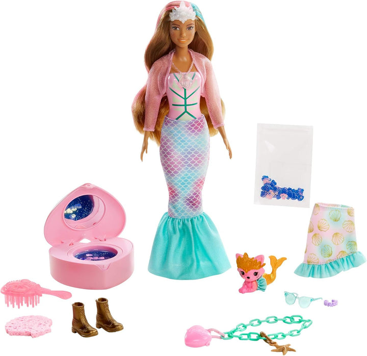 Barbie GXV93 - Color Reveal Fantasy Fashion Meerjungfrau Puppe &amp; Haustier, mit Aufkleber und 25 Über