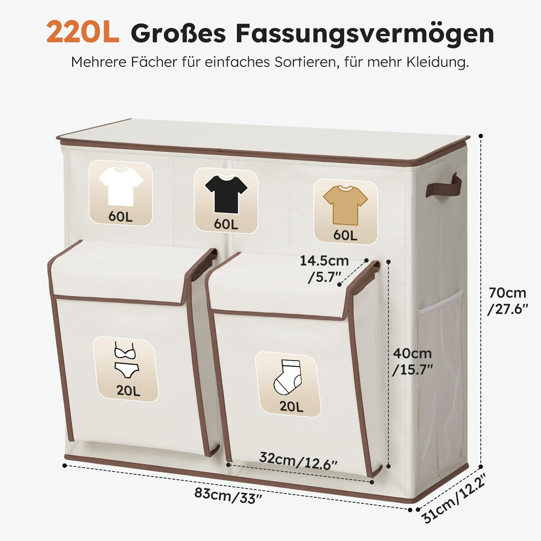SOLEDI 220L Wäschekorb mit Deckel, Wäschesammler 3 Fächer mit 2 Seitentaschen, Laundr Baskets mit 3