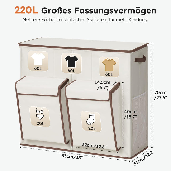 SOLEDI 220L Wäschekorb mit Deckel, Wäschesammler 3 Fächer mit 2 Seitentaschen, Laundr Baskets mit 3