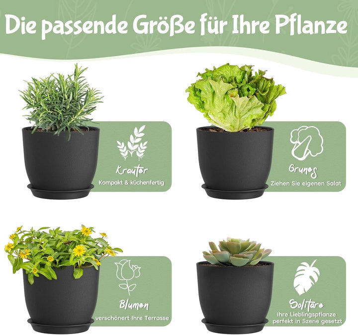 FIASON 25/23/20 cm Schwarz Blumentopf, Kunststoff-kräutertopf mit Drainagelöchern und Untertassen, E