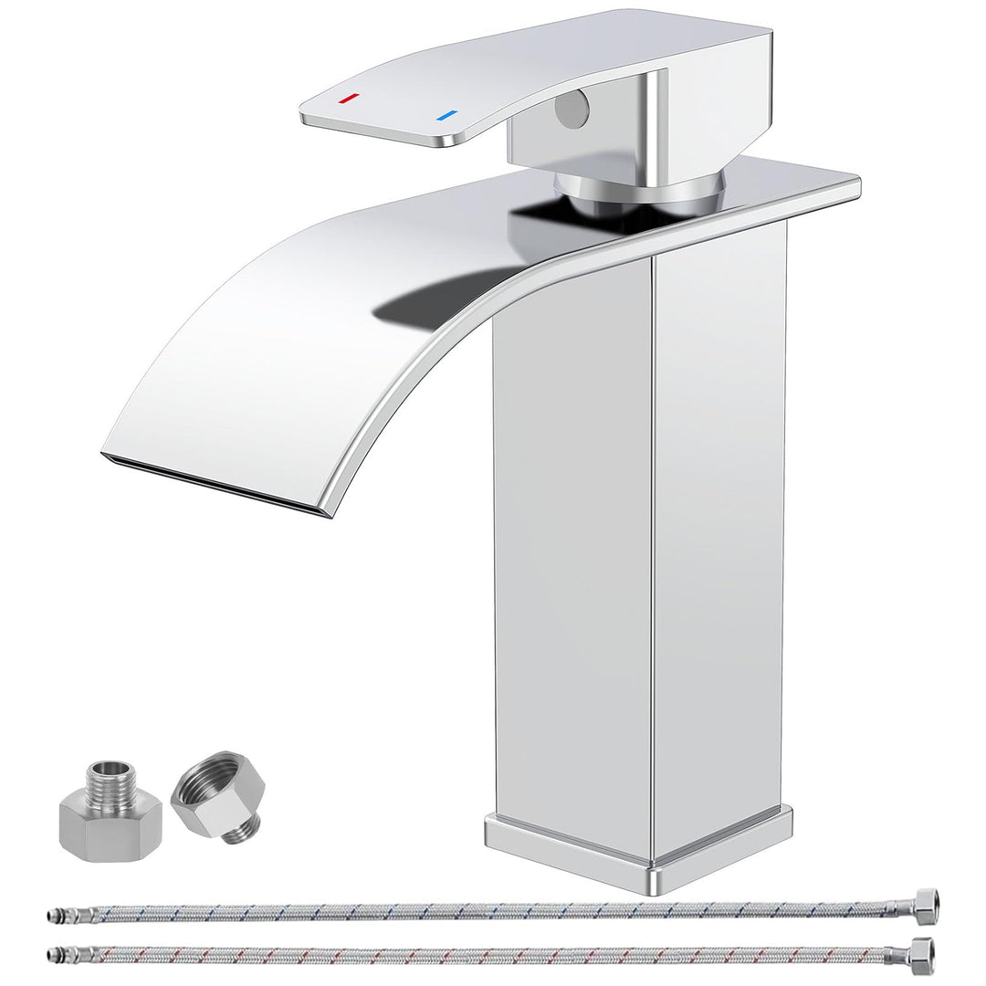 Wasserhahn Bad Chrom, Wasserfall Wasserhahn Einhebelmischer Waschbecken, Einloch-Waschtischarmatur E