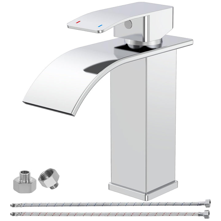 Wasserhahn Bad Chrom, Wasserfall Wasserhahn Einhebelmischer Waschbecken, Einloch-Waschtischarmatur E