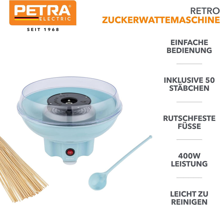 Petra PT2641BLVDEEU7 Zuckerwattemaschinen inkl. Messlöffel und 50 Holzstäbchen, tragbare Retro Zucke