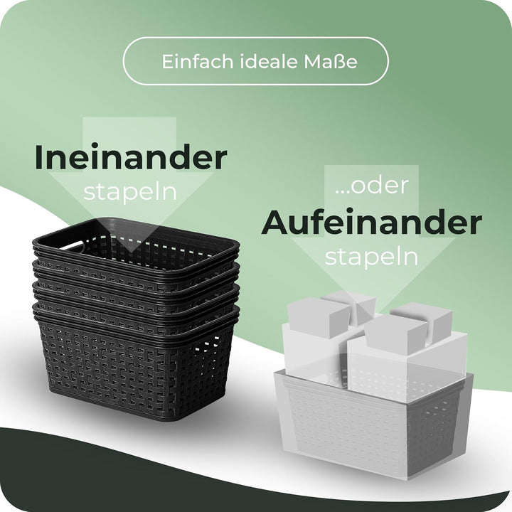 Novaliv 6x Aufbewahrungskorb in Rattan-Optik ohne Deckel | Schwarz Kunststoff 5L Nestbar Storage box