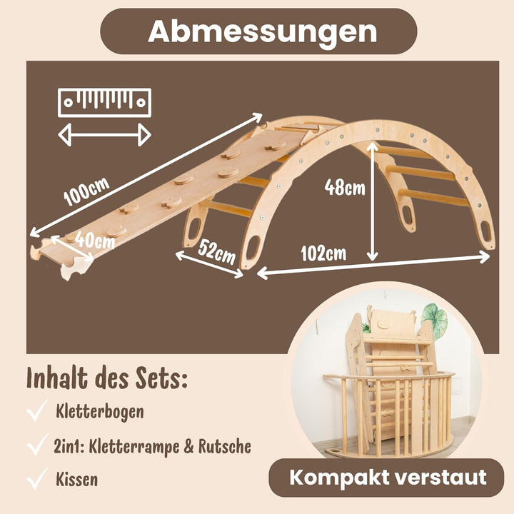 WoodsCraft Kletterbogen mit Kissen & Rutsche Indoor | Wippe Kinder & 2in1: Babyrutsche & Rampe | Hol