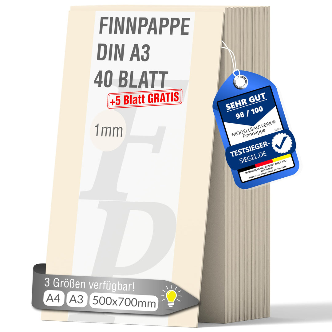 40 + 5 Blatt gratis Finnpappe DIN A3 | 1mm Stärke | Modellbauwerk® | für Modellbau und Basteln | Arc