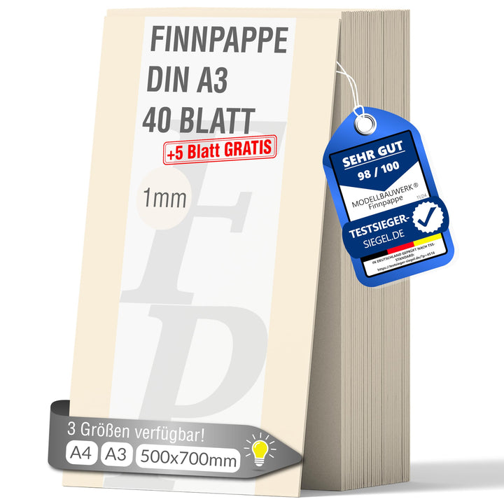 40 + 5 Blatt gratis Finnpappe DIN A3 | 1mm Stärke | Modellbauwerk® | für Modellbau und Basteln | Arc