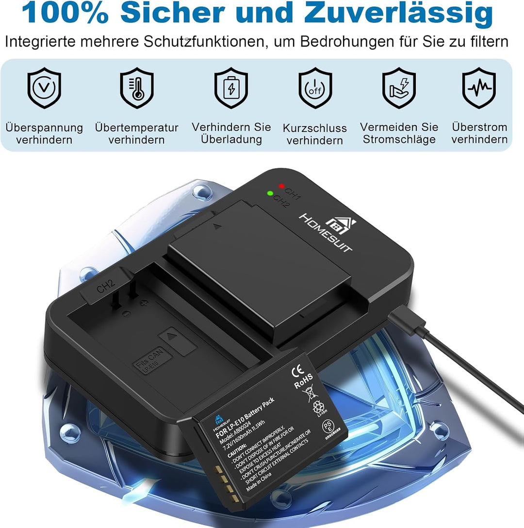Homesuit LP-E10 Akku und lp-e10 Ladegerät für Canon EOS 1100D, EOS 1200D, EOS 1300D, EOS 2000D, EOS