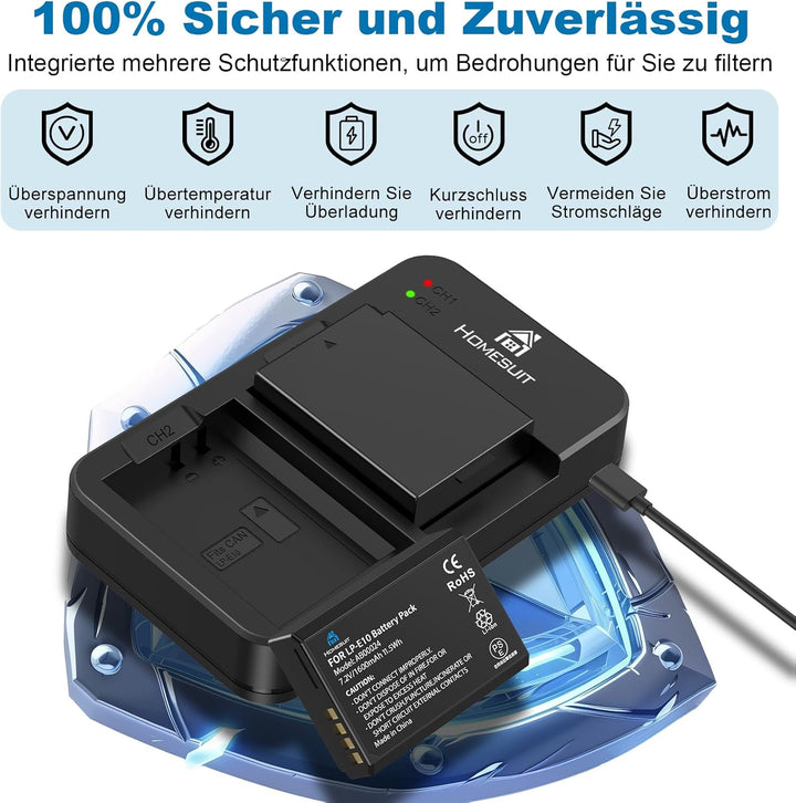 Homesuit LP-E10 Akku und lp-e10 Ladegerät für Canon EOS 1100D, EOS 1200D, EOS 1300D, EOS 2000D, EOS