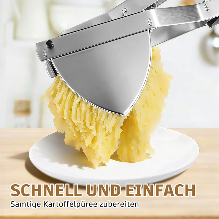 Kartoffelpresse Edelstahl mit Silikongriff, Schäler, Reinigungsbürste und Schaber, Robust - Spätzlep