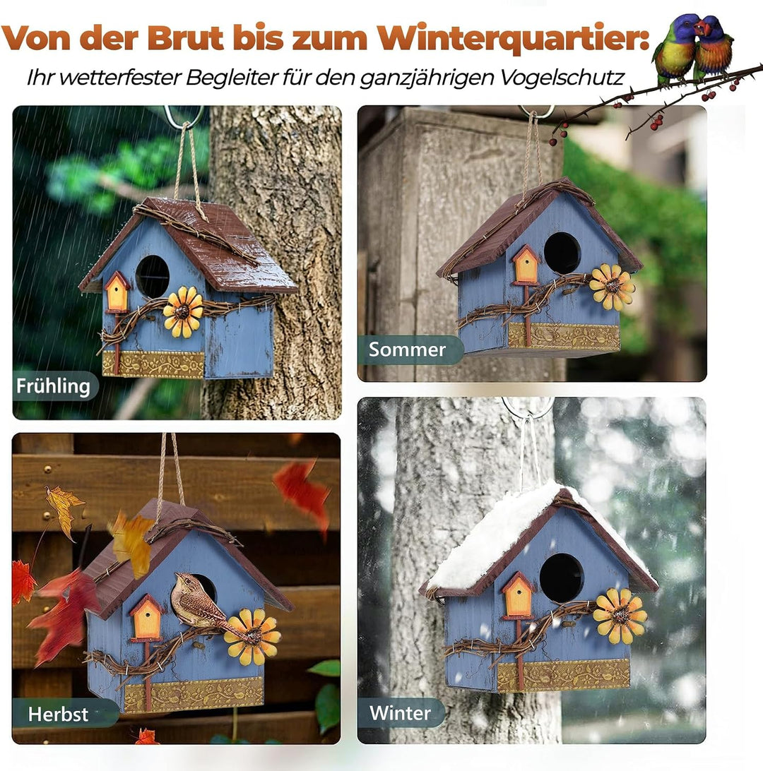 JUJOYBD Deko Vogelhaus zum Aufhängen, Wetterfest Nistkasten für Meisen, Vogelhäuschen fertig montier